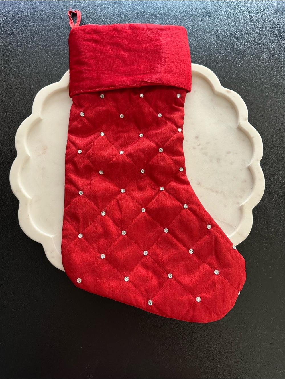 Red Quilted Holiday Stocking with Rhinestone Accents